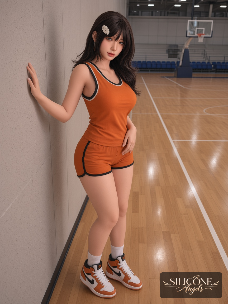 Kitty, 165 cm silicone sex doll, lifestyle photograph in a basketball court, wearing basketball (1)