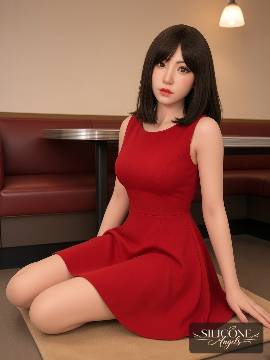 Suki, 164 cm silicone sex doll, lifestyle photograph in a pinup diner, wearing pin-up girl (1)
