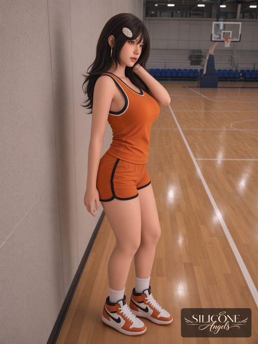 Kitty, 165 cm silicone sex doll, lifestyle photograph in a basketball court, wearing basketball (3)