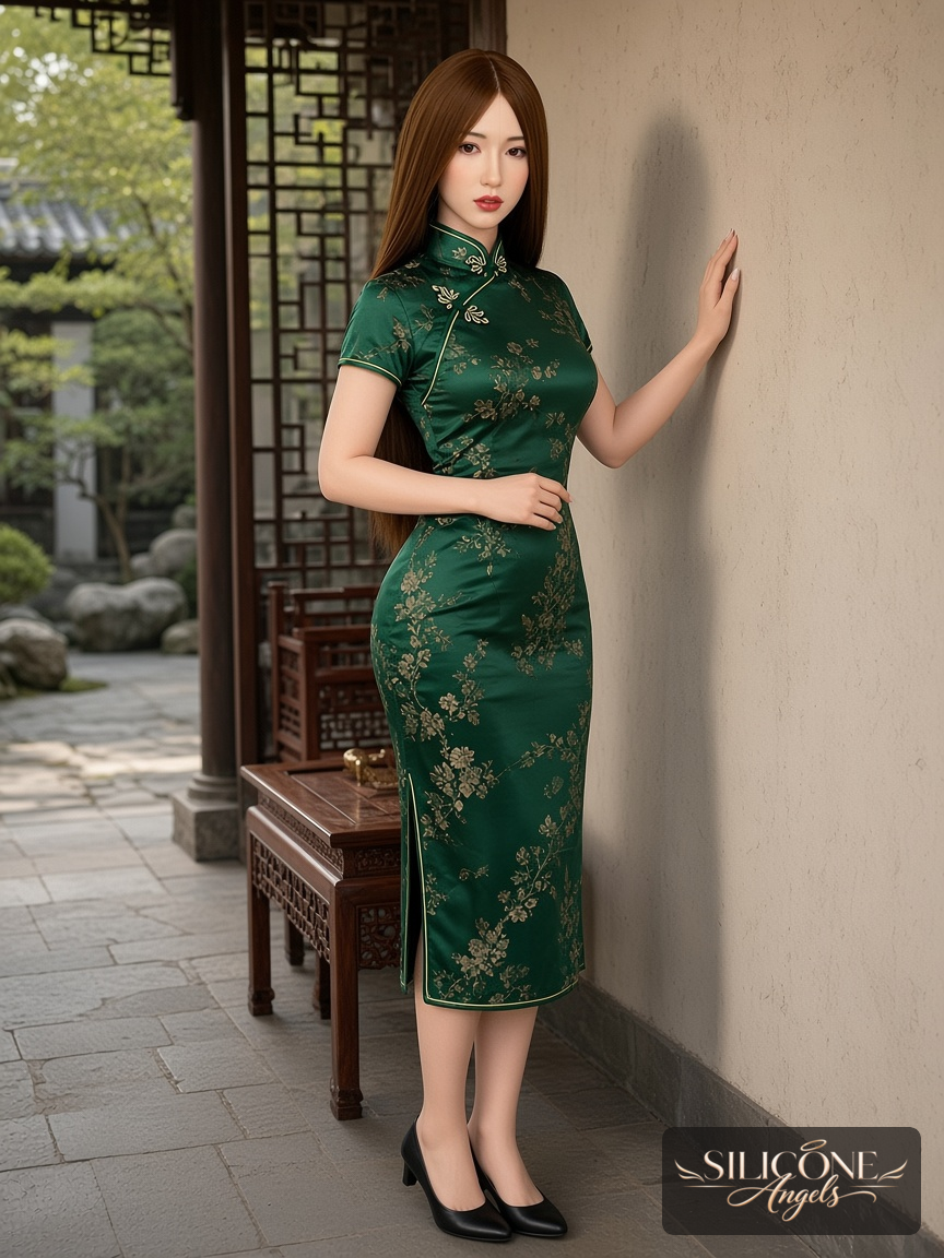 Linnea, 152 cm silicone sex doll, lifestyle photograph in a chinese tea garden, wearing chinese qipao-inspired (1)