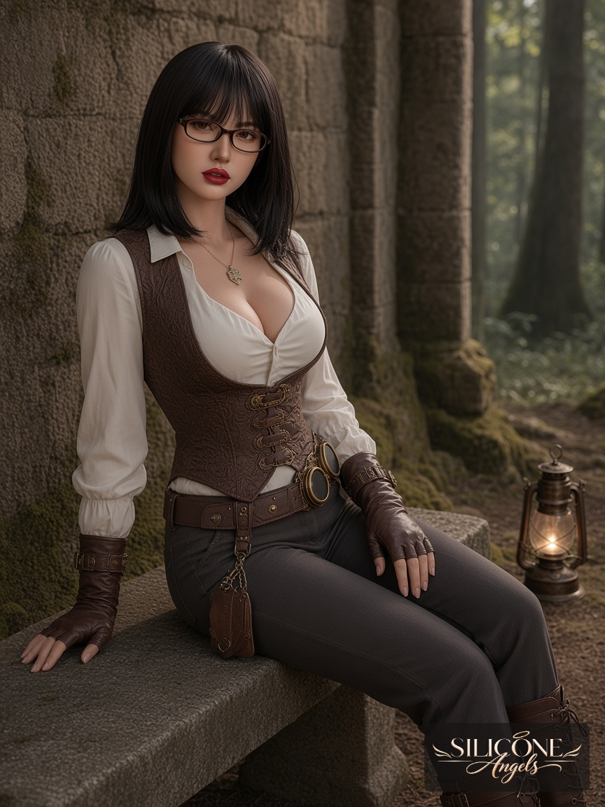 Kate, 164 cm silicone sex doll, lifestyle photograph in a fantasy forest, wearing steampunk explorer (1)